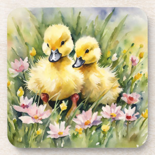 Watercolor Ducklings in Wildflower Meadow Coaster