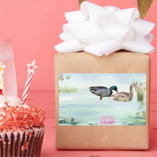 Watercolor Ducks with Lotus n Butterfly Rectangular Sticker (Party)