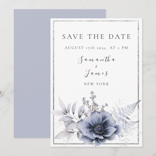 Watercolor Dusty Blue Bohemian Floral Save The Date (Front/Back)