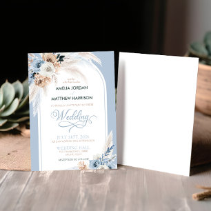 Watercolor Dusty Blue Boho  Floral Feather Wedding Invitation