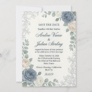 Watercolor Dusty Blue & Cream Rose Wedding Invitation