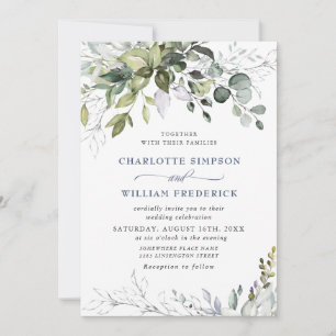 Watercolor Dusty Blue Eucalyptus Greenery Wedding Invitation
