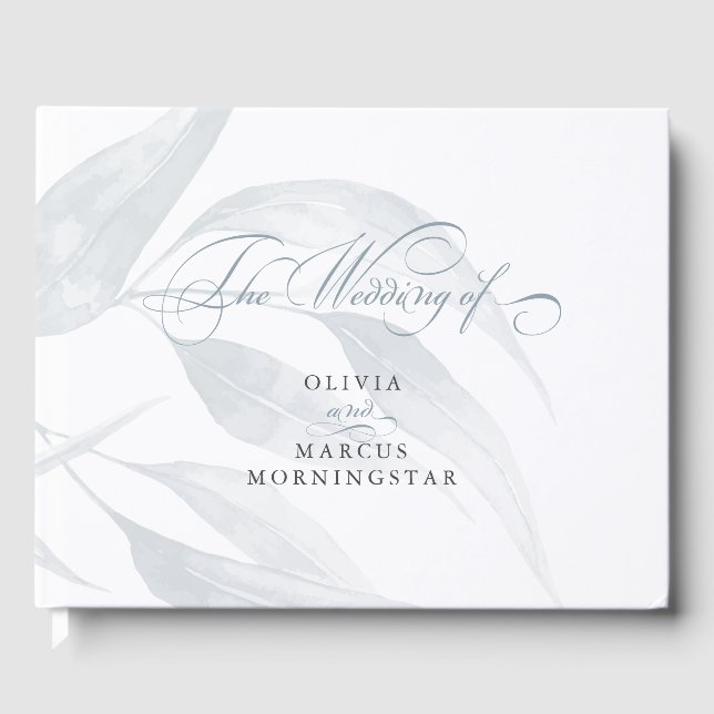 Watercolor Dusty Blue Eucalyptus Leaves Guest Book (Front)