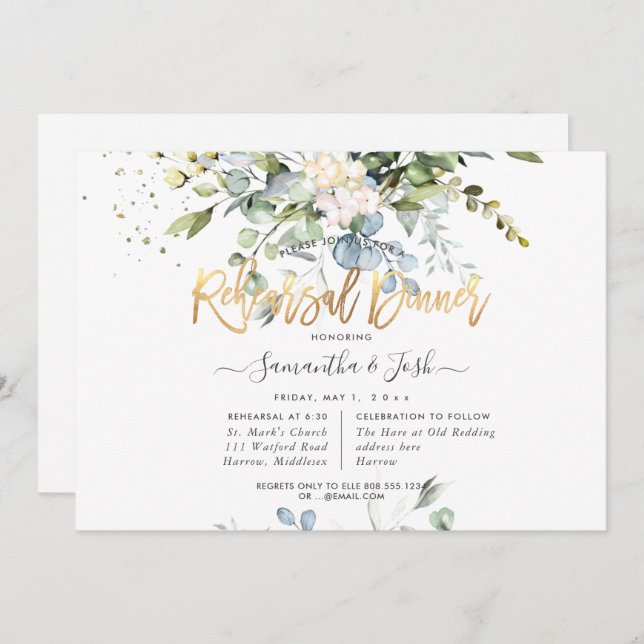 Watercolor Dusty Blue Eucalyptus Rehearsal Dinner Invitation (Front/Back)