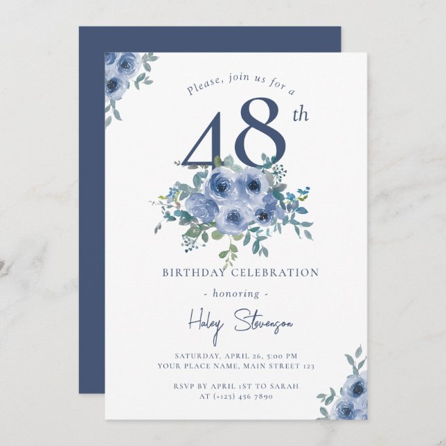 Watercolor Dusty Blue Floral 48th Chic Birthday Invitation (Front/Back)