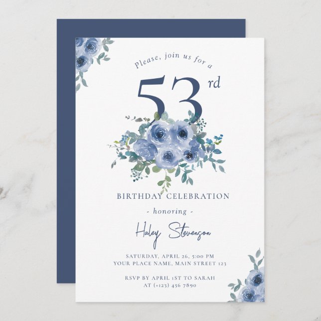 Watercolor Dusty Blue Floral 53rd Chic Birthday Invitation (Front/Back)