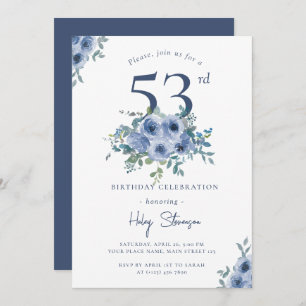 Watercolor Dusty Blue Floral 53rd Chic Birthday Invitation