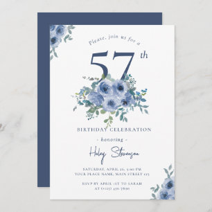 Watercolor Dusty Blue Floral 57th Chic Birthday Invitation