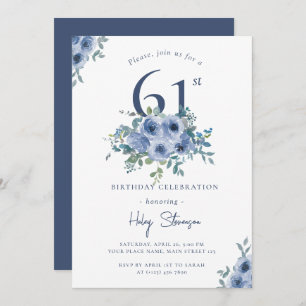 Watercolor Dusty Blue Floral 61st Chic Birthday Invitation