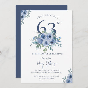 Watercolor Dusty Blue Floral 63rd Chic Birthday Invitation