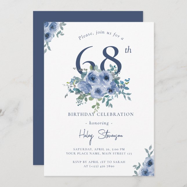 Watercolor Dusty Blue Floral 68th Chic Birthday Invitation (Front/Back)