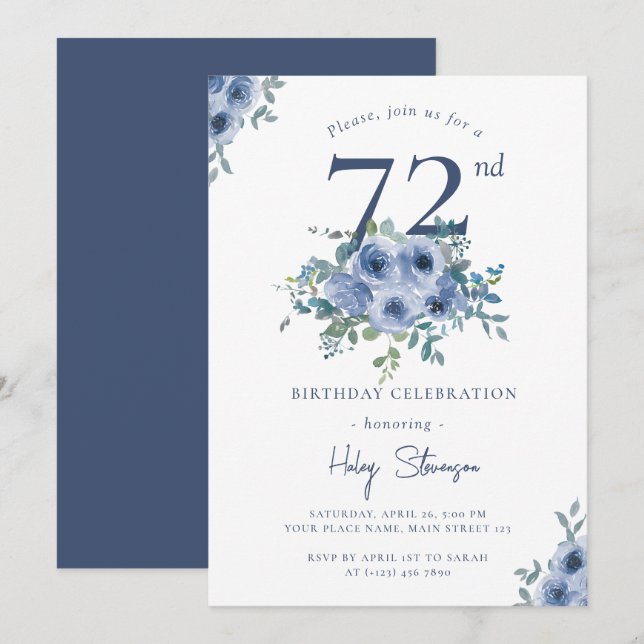 Watercolor Dusty Blue Floral 72nd Chic Birthday Invitation (Front/Back)