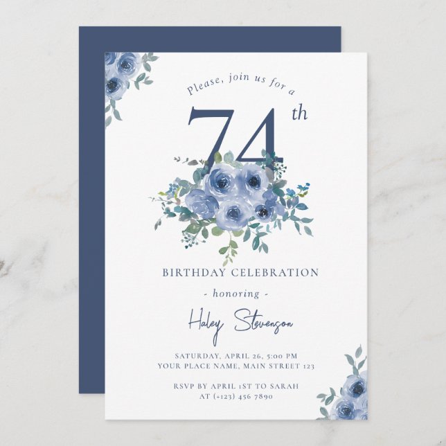 Watercolor Dusty Blue Floral 74th Chic Birthday Invitation (Front/Back)