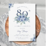 Watercolor Dusty Blue Floral 80th Chic Birthday Invitation<br><div class="desc">Adult Birthday Invitations | Watercolor Dusty Blue Floral 80th Chic Birthday Invitation This elegant and chic design features washed out dusty blue coloured floral theme and Script typography on a white background. Personalise the invite with your details and if you want to further re-arrange the style and placement of the...</div>