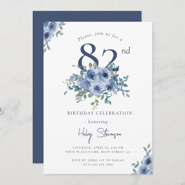 Watercolor Dusty Blue Floral 82nd Chic Birthday Invitation (Front/Back)