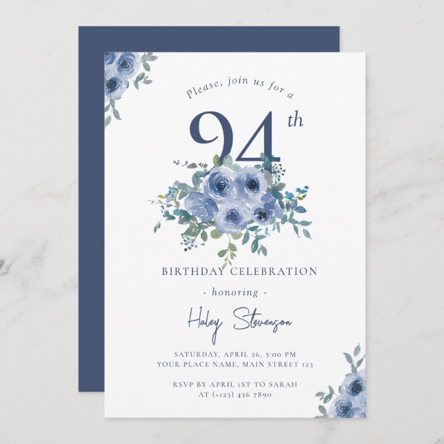 Watercolor Dusty Blue Floral 94th Chic Birthday Invitation (Front/Back)