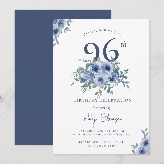 Watercolor Dusty Blue Floral 96th Chic Birthday Invitation (Front/Back)