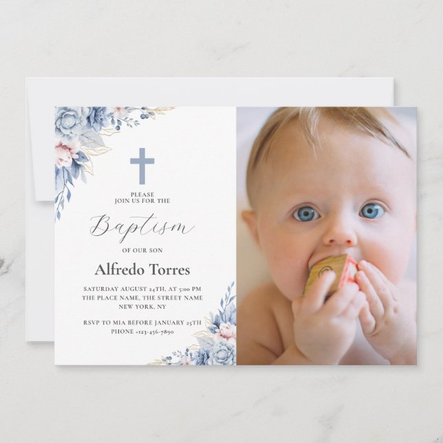 Watercolor Dusty Blue Floral Baby Photo Baptism Invitation (Front)