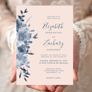 Watercolor Dusty Blue Floral Blush Pink Wedding Invitation