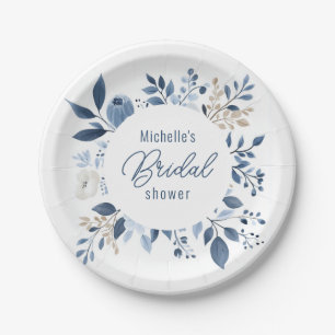 Watercolor Dusty Blue Floral Boho Bridal Shower Paper Plate