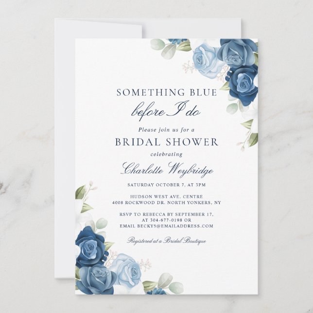 Watercolor Dusty Blue Floral Bridal Shower Invitation (Front)