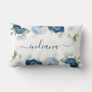 Watercolor Dusty Blue Floral Elegant Monogram Lumbar Cushion