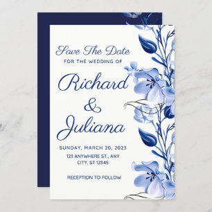 watercolor dusty blue floral navy blue wedding  invitation