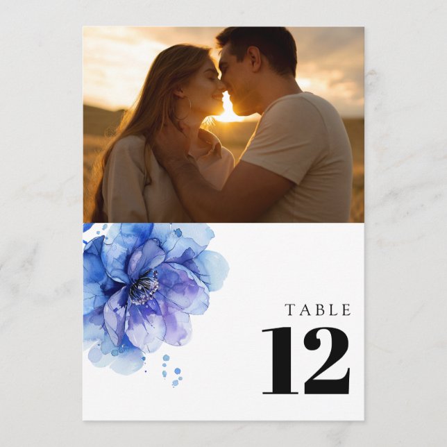 Watercolor Dusty Blue Floral Photo Table Number (Front)