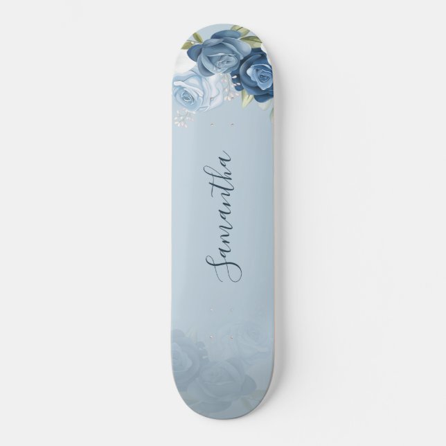 Watercolor Dusty Blue Floral Script Custom Skateboard (Front)