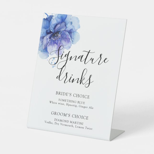 Watercolor Dusty Blue Floral Signature Drinks Pedestal Sign (Front)