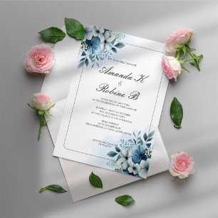 Watercolor Dusty Blue Floral Wedding Invitation