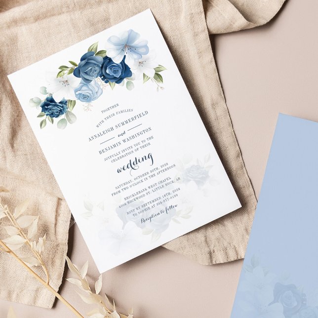 Watercolor Dusty Blue Floral Wedding Invitation (Creator Uploaded)
