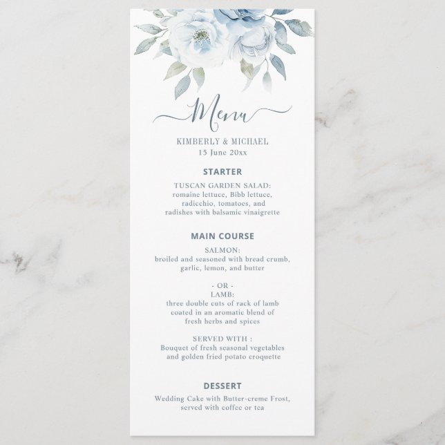watercolor dusty blue floral wedding  menu (Front)