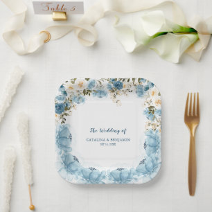 Watercolor Dusty Blue Floral Wedding Paper Plates