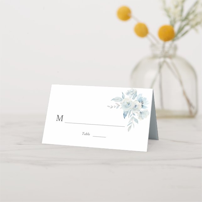 Watercolor dusty blue floral wedding place card (Front)