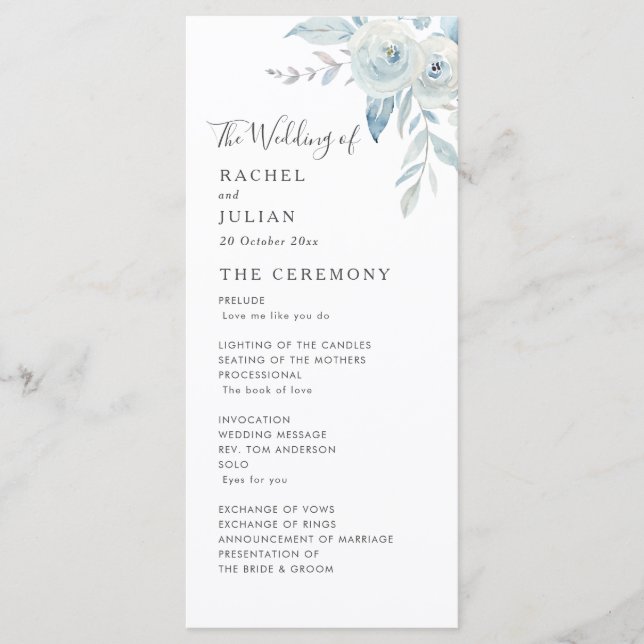 Watercolor dusty blue floral wedding program (Front)