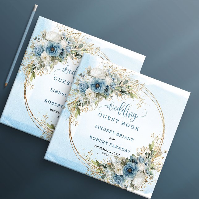 Watercolor Dusty Blue Flowers Gold Guest Book (Watercolor Dusty Blue Flowers Gold Guest Book)