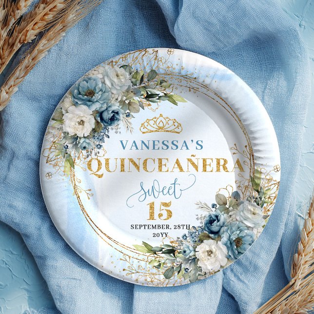 Watercolor Dusty Blue Flowers Gold Name Quince  Paper Plate (Watercolor Dusty Blue Flowers Gold Name Quince Plates)