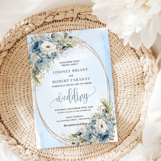 Watercolor Dusty Blue Flowers Gold Wedding Invites (Watercolor Dusty Blue Flowers Gold Wedding Invitation)