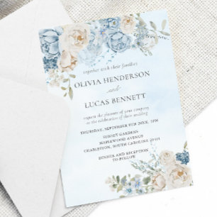 Watercolor Dusty Blue Flowers Roses Wedding Invitation