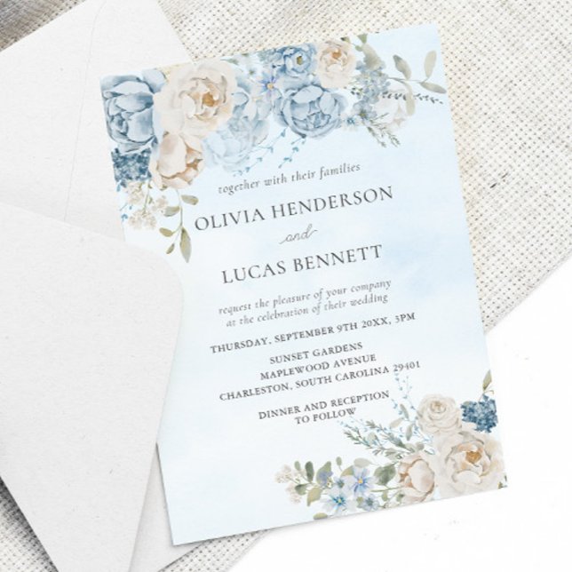 Watercolor Dusty Blue Flowers Roses Wedding Invitation (Creator Uploaded)