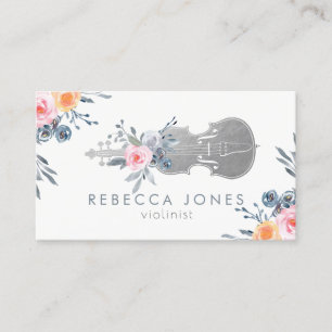 watercolor dusty blue flowers violin business card