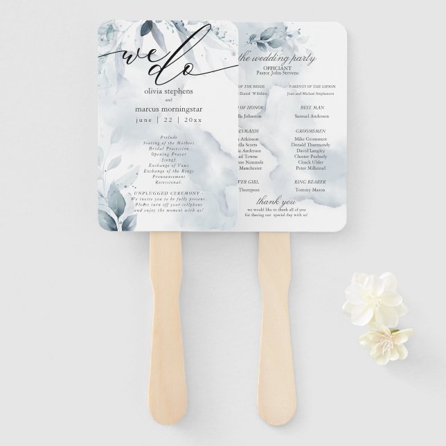 Watercolor Dusty Blue Foliage Dawna Hand Fan (Front and Back)