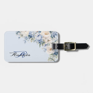 Watercolor Dusty Blue Ivory Flowers Luggage Tag