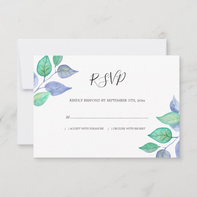 Watercolor Dusty Blue Leaves Foliage Wedding RSVP Card (Front)
