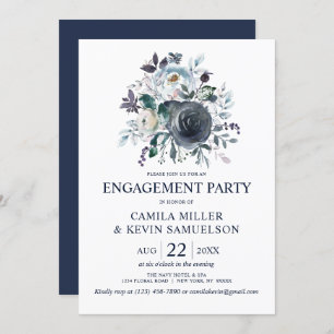 Watercolor Dusty Blue Navy Floral Engagement Party Invitation