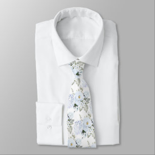 Watercolor Dusty Blue Peonies Roses Hydrangeas Tie