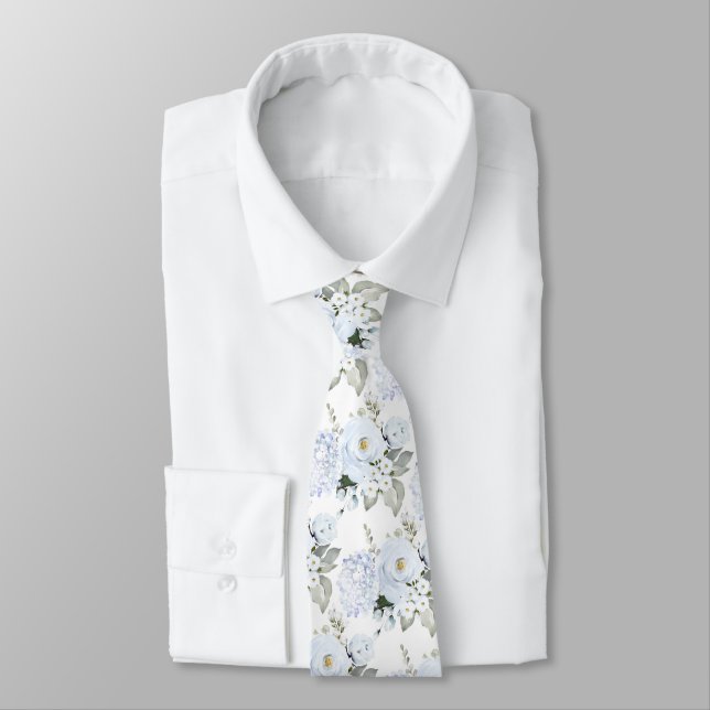 Watercolor Dusty Blue Peonies Roses Hydrangeas Tie (Tied)