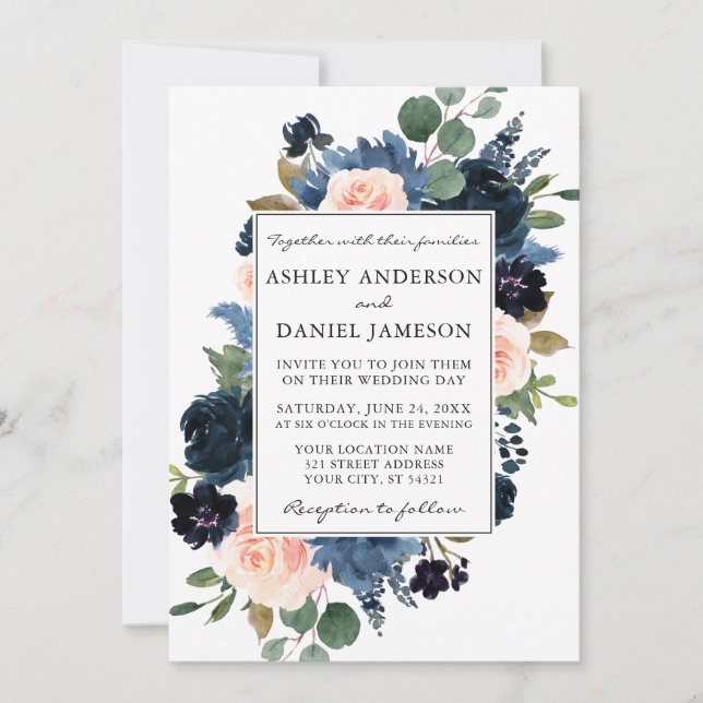 Watercolor Dusty Blue Pink Floral Frame Wedding Invitation (Front)