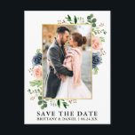 Watercolor Dusty Blue Pink Roses Save The Date Postcard<br><div class="desc">Modern Watercolor Eucalyptus Greenery Dusty Blue Roses Pink Roses Frame Save The Date Photo Engagement Announcement Postcard - Gold Frame</div>